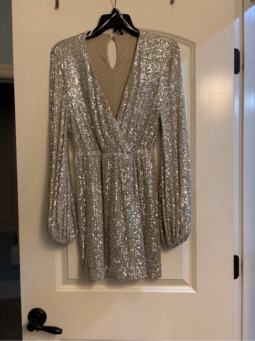 Silver Sequin Long Sleeve Wrap Mini Dress